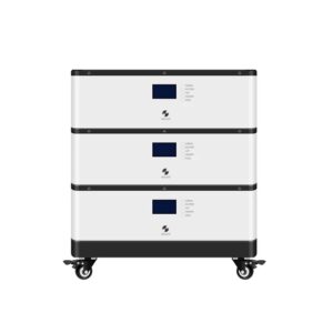 A vertical stack of three white energy storage battery modules mounted on a black wheeled base, shown against a plain white background.