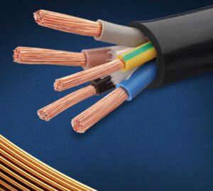 A close-up of a stripped black round power cable revealing five internal cores with different colored insulation (grey, brown, black, blue, and yellow-green) protecting the stranded copper conductors against a dark blue background.