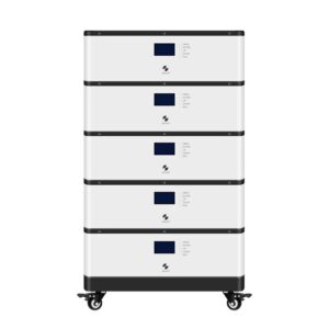 A tall vertical stack consisting of five white residential battery storage modules, sitting on a black mobile base equipped with four wheels.
