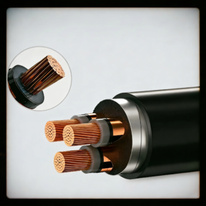 Close-up of an armored multi-core cable with copper conductors and protective layers for heavy-duty industrial environments