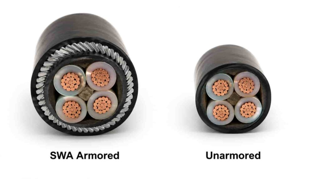 Side-by-side comparison of SWA armored power cable and unarmored power cable showing construction differences