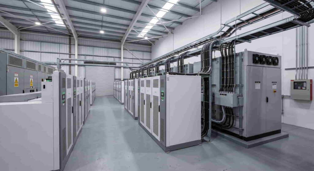 Industrial BESS energy storage system with battery racks, inverter and switchgear in a commercial facility