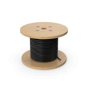 Black insulated electrical cable wound on a wooden spool, used for industrial wiring and power transmission applications