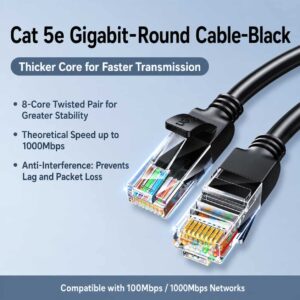 Product graphic showing a round, black Cat 5e Gigabit Ethernet cable with two RJ45 connectors. Text lists features such as a thicker core for faster transmission, an 8-core twisted pair for greater stability, theoretical speeds up to 1000Mbps, anti-interference properties to prevent lag and packet loss, and compatibility with 100Mbps and 1000Mbps networks.