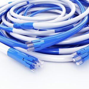A loose coil of a standard blue Ethernet network cable resting on a white background, focusing on the clear plastic RJ45 connector that reveals the internal multi-colored wiring.