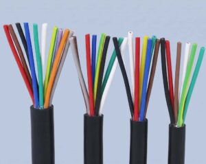 Multiple colored single core electrical wires with stripped ends, used for control panels and internal wiring