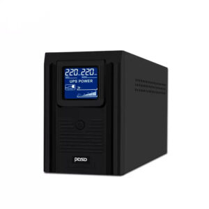 Angled front view of a compact black tower UPS unit displaying "220" on its illuminated blue LCD screen, showing side ventilation slots, isolated on a white background.