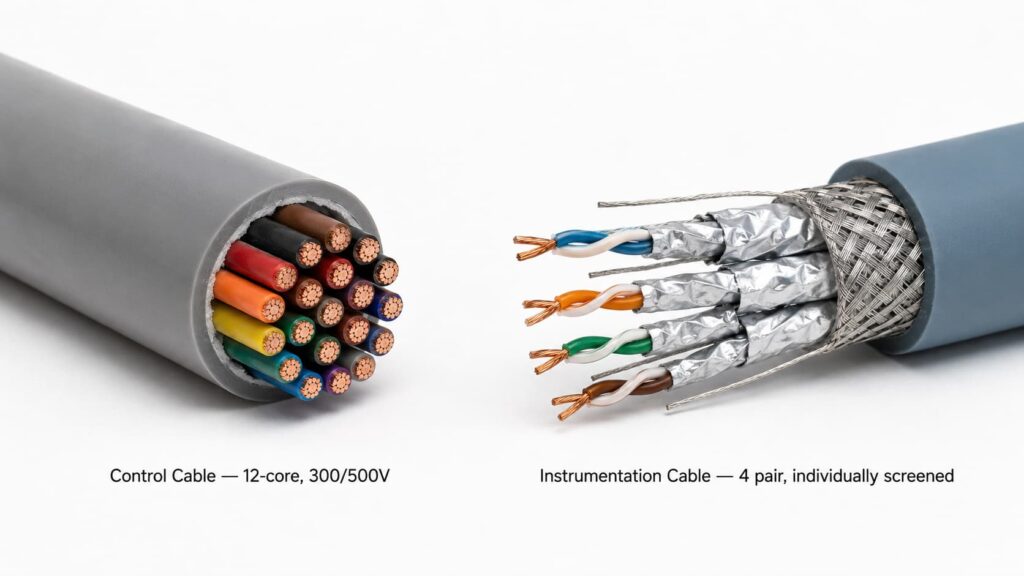 Side-by-side comparison of a multi-core control cable and an individually screened instrumentation cable for industrial project procurement
