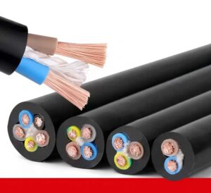 Four black circular cables shown in cross-section, displaying configurations of five, four, three, and two insulated copper cores, with a stripped cable end showcasing brown and blue wires with white filler materials.
