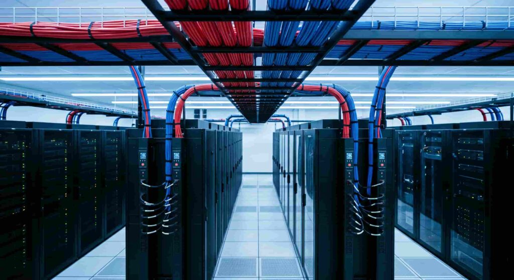 Modern data center interior showing cable trays, power distribution units and server racks for B2B electrical procurement