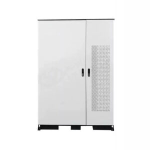 A straight-on front view of a tall, white, double-door industrial equipment cabinet resting on a black forklift-accessible base. The right door features a vertical column of perforated ventilation holes.