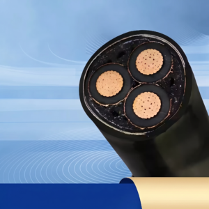 Four core electrical cable with copper conductors and black outer sheath, used for medium voltage power transmission