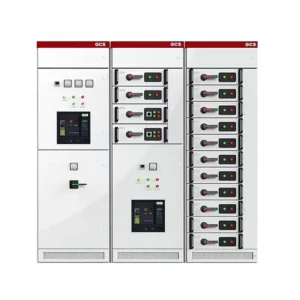White GCS series low-voltage draw-out switchgear assembly featuring electrical distribution cabinets with control panels, monitoring meters, and multiple drawer units for industrial power management.