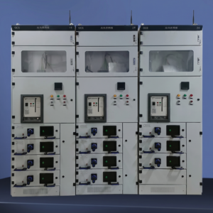 Three GCS series solar photovoltaic grid-tied switchgear cabinets aligned against a solid blue background. The distribution panels feature transparent upper viewing windows, central control panels with digital meters and indicator lights, and lower pull-out distribution drawers with blue handles.