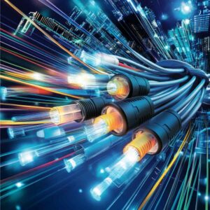 A circular arrangement of brightly colored Ethernet cables, including orange, blue, green, red, and yellow, tied together with their clear RJ45 connectors overlapping in the center on a white background.