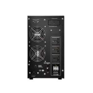 Rear panel view of a tall, heavy-duty black UPS unit featuring two stacked cooling fans, multiple standard power output sockets, and a lower wiring terminal block, isolated on a white background.