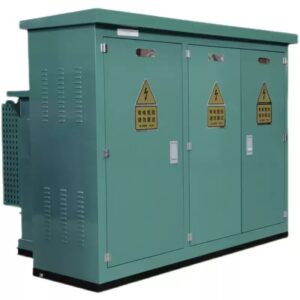 A perspective view of a tall, light green metal high-voltage switchgear cabinet with three front doors, each displaying a yellow high-voltage warning sign, and a control panel at the top, isolated on a white background.