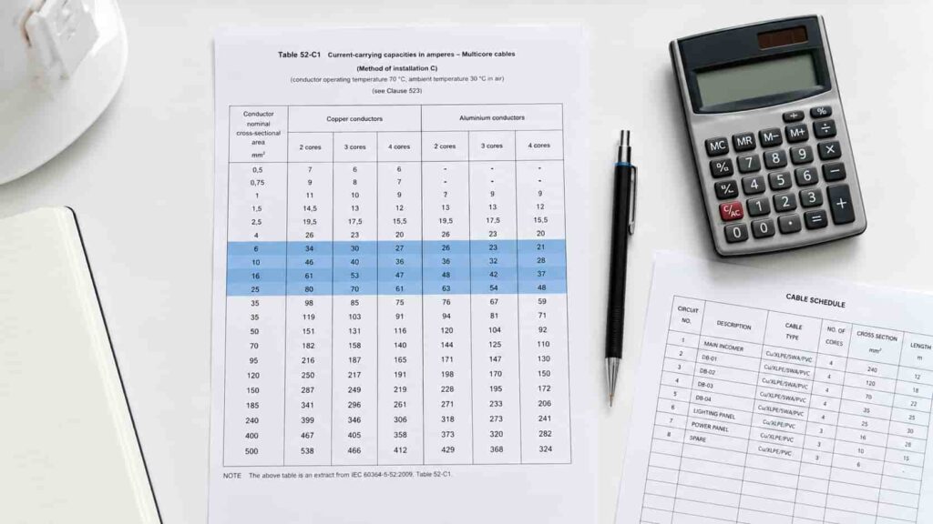 Engineer reviewing cable sizing calculations with IEC current capacity tables and a cable cross-section reference chart
