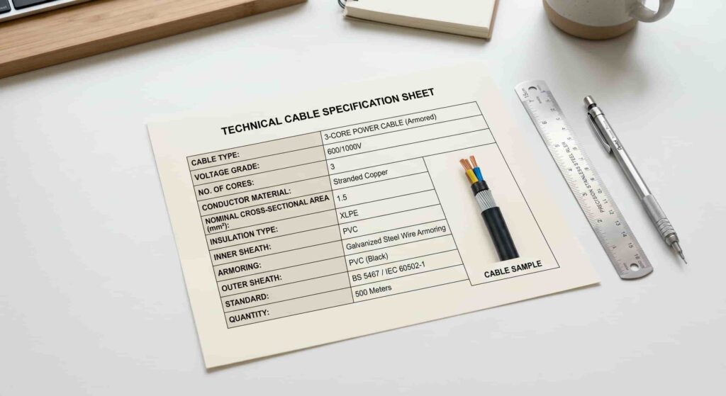 Close-up of a technical cable specification sheet showing voltage grade, conductor size, insulation type and standard fields