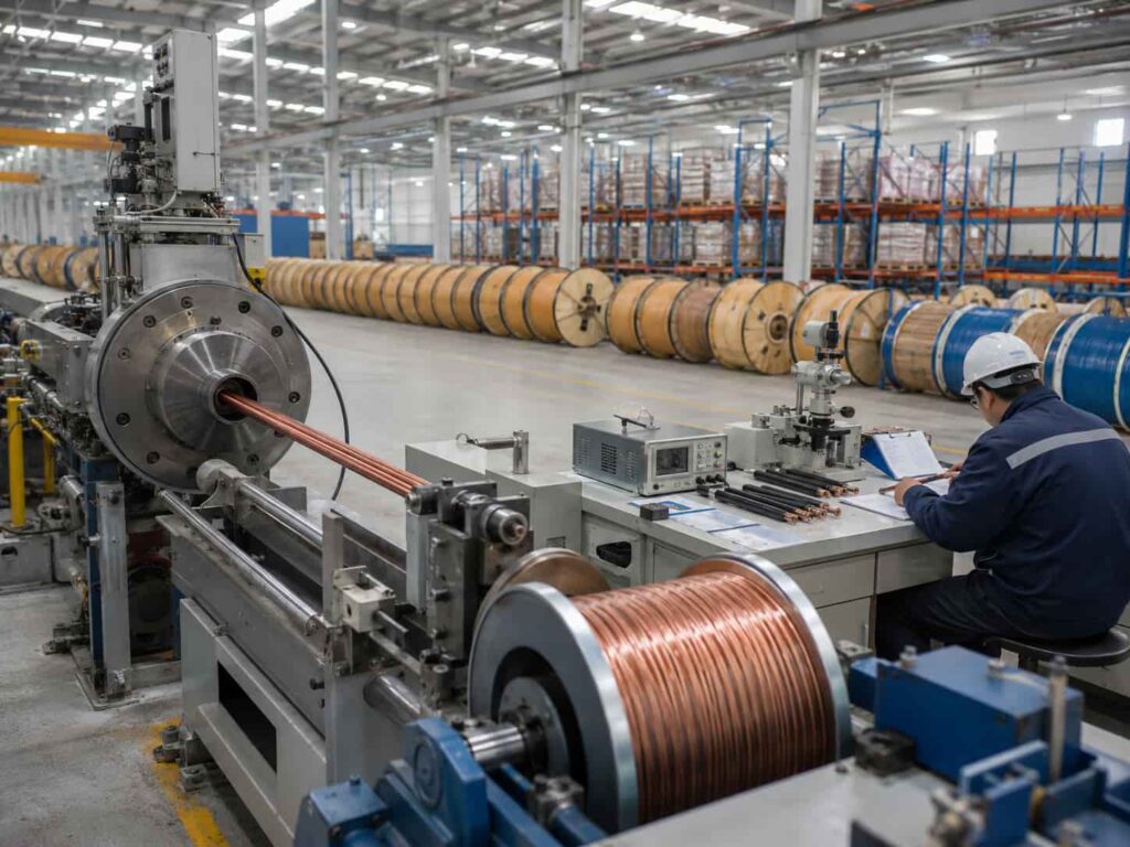 Chinese cable manufacturer production floor showing cable extrusion equipment and quality control inspection of cable drums ready for export