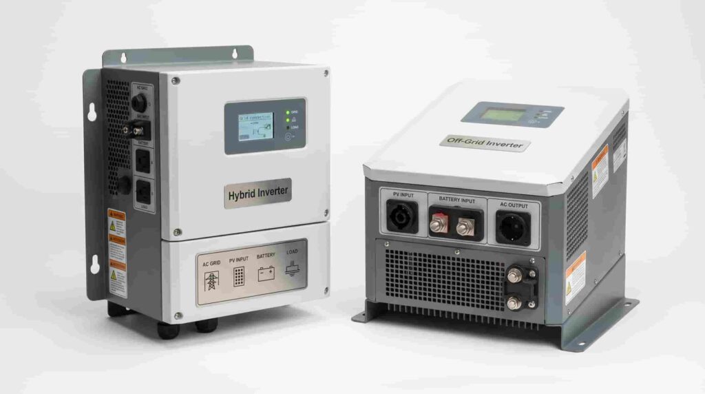 Side-by-side comparison of a hybrid solar inverter and an off-grid inverter for B2B energy storage projects