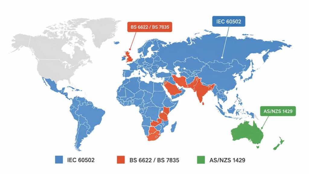 World map showing IEC, BS, and AS/NZS cable standard coverage across international B2B export markets