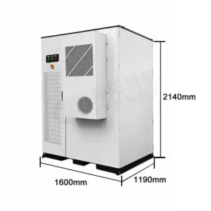 A three-quarter angled view of a white industrial cabinet with a door-mounted cooling unit, accompanied by dimension lines. The annotations indicate the cabinet has a height of 2140mm, a width of 1600mm, and a depth of 1190mm.