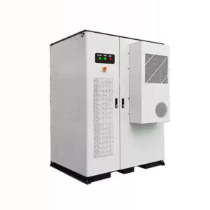 A three-quarter angled perspective view of a large white industrial control or battery cabinet. The unit features a black base, a control panel with indicator lights on the upper left door, and a rectangular HVAC or cooling unit mounted on the right door.
