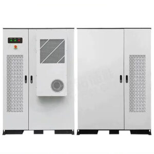 A front-facing view showing two large, white industrial electrical or battery storage cabinets sitting on black bases. The cabinet on the left features a control panel with indicator lights and a protruding, door-mounted cooling unit. The cabinet on the right is a simpler double-door design with vertical ventilation panels.