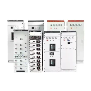 A comprehensive assortment of white industrial low-voltage switchgear and power distribution cabinets on a white background, featuring GCS, GCK, MNS, and XL-21 series models equipped with control panels, monitoring meters, and draw-out drawer units.