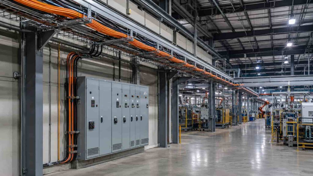 Interior of a modern industrial manufacturing plant showing overhead cable trays, motor control centers and power distribution panels
