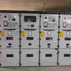 A lineup of four grey KYN28A-12 high-voltage metal-clad enclosed switchgear cabinets in an industrial facility. The assembly includes incoming, metering, and outgoing panels, each featuring digital control displays, indicator lights, electrical diagrams, and 630A circuit breaker compartments.