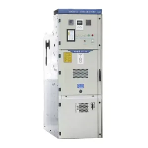 A light grey KYN28A-12 medium voltage metal-clad switchgear cabinet on a white background, featuring a blue top trim, an upper instrument panel with digital displays and indicator lights, and lower compartments with ventilation grilles for power distribution.