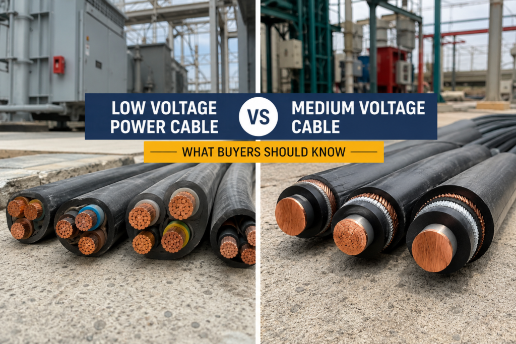 Comparison image showing low voltage multi-core power cables and medium voltage armored cables at an industrial site, helping buyers understand cable structure, size, and application differences.