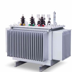 A professional product photograph of a large, grey, oil-immersed distribution transformer with prominent corrugated cooling fins, multiple high-voltage bushings, and a base frame, isolated on a white background.