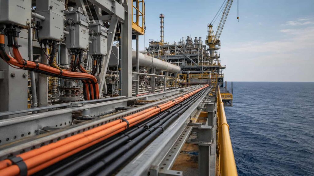Heavy-duty armored power cables on an offshore oil and gas platform with cable trays and process equipment visible