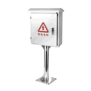 Pedestal-mounted stainless steel electrical control cabinet on a white background, featuring a sloped weather-resistant roof and a red high voltage warning sign on the front door.