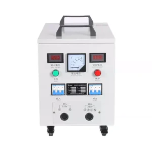 A portable, white electrical testing unit on wheels, featuring analog and digital meters, control buttons, and dual output ports on its front panel.