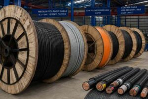 Cable drums and power cable cross-sections in an industrial warehouse, showing medium voltage cable, low voltage power cable, armored cable and fire-resistant cable for Southeast Asia data center and industrial projects.