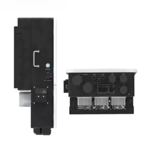 A dual-view image of a black power inverter. The left side shows the side profile with mounting hooks, and the right side shows the bottom panel detailing various electrical connection ports and terminals.