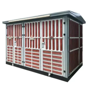 A view of a large, prefabricated green and reddish-brown metal outdoor enclosure with louvered ventilation panels and locked doors, designed for housing a transformer substation, isolated on a white background.