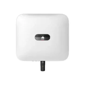 A front-facing view of a white residential solar inverter with rounded corners, featuring a central dark oval emblem and a black wireless communication dongle attached to the bottom.