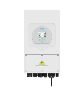 A white wall-mounted solar inverter featuring a centralized digital display interface and a lower wiring compartment door marked with a yellow electrical hazard warning symbol.