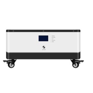 A single white rectangular energy storage battery module with a digital display, mounted directly on a black foundational base with caster wheels.