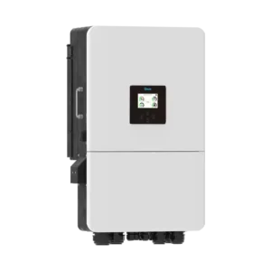 A front view of a rectangular, white wall-mounted solar inverter featuring a small, square digital display screen in the upper center and black connection ports along the bottom edge.