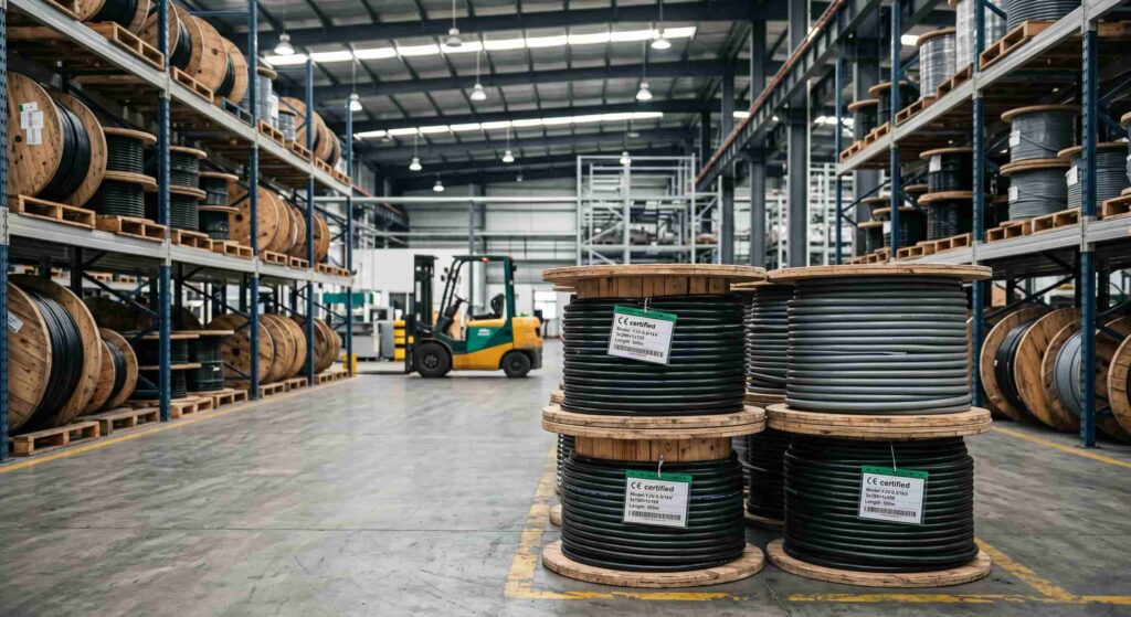 Industrial cable drums stacked in a Chinese cable manufacturer's warehouse ready for B2B export