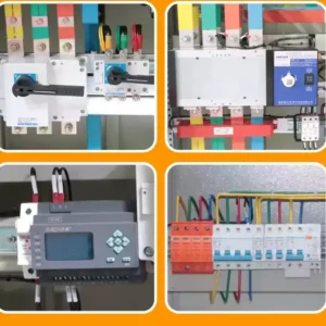 A collage of four close-up images showing the interior components of an electrical distribution panel, including copper busbars, rotary switches, a digital control module, and miniature circuit breakers (MCB).