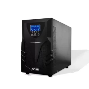 Angled front view of a black tower Uninterruptible Power Supply (UPS) unit featuring a bright blue LCD screen, power button, and angular front panel design, isolated on a white background.