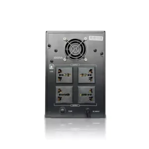 Rear panel view of a black Uninterruptible Power Supply showing a circular cooling fan exhaust and four universal power plug outlets, isolated on a white background.
