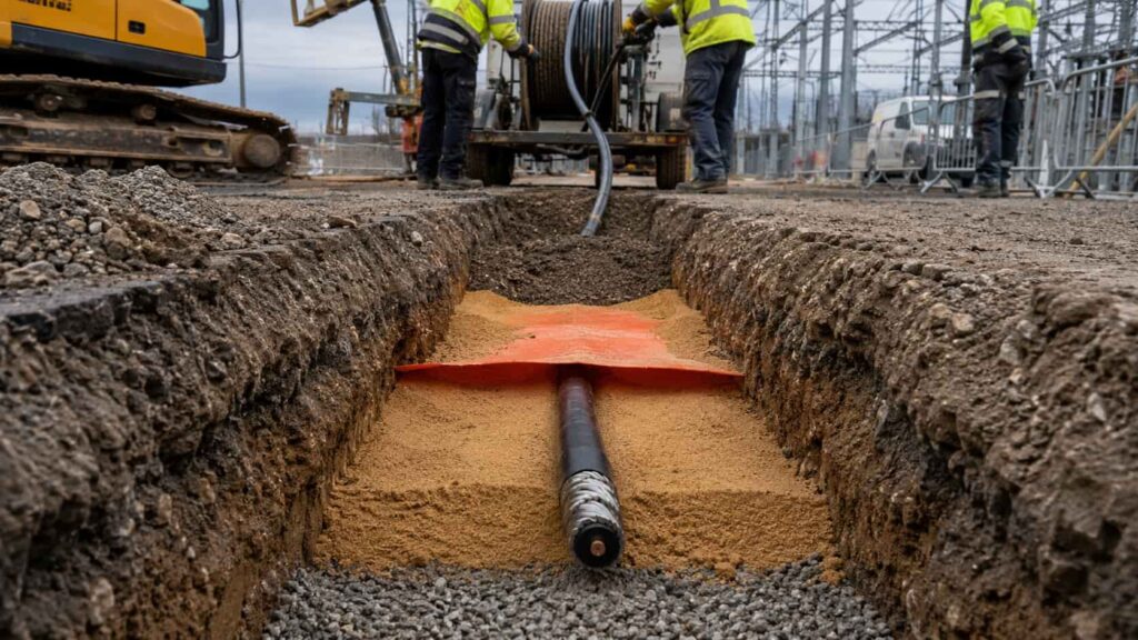 Underground cable installation showing open trench with sand bedding, armored cable being laid, warning tape and backfill stages